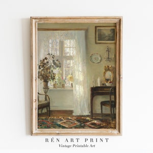 Still Life Painting Digital Print | Antique Interior Oil Painting Wall Art | Farmhouse Decor | Light Academia Art | Vintage Neutral Wall Art