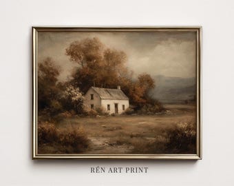 Vintage Autumn Cottage Landscape Painting | Moody Rustic Farmhouse Wall Art (Digital Download)