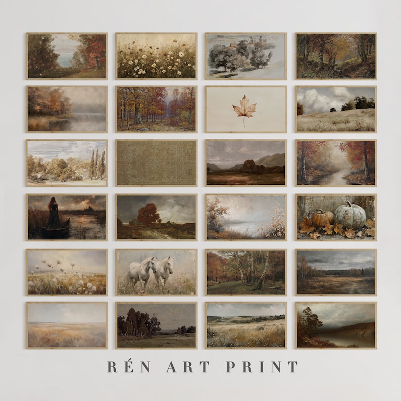 Puede incluir: Una colecci&oacute;n de 18 pinturas de paisajes enmarcadas con diversas escenas oto&ntilde;ales, incluyendo &aacute;rboles, campos y agua. Las pinturas est&aacute;n dispuestas en una cuadr&iacute;cula en una pared blanca. El texto "R&Eacute;N ART PRINT" est&aacute; en la parte inferior de la imagen.