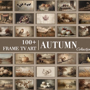Könnte beinhalten: Eine digitale Sammlung von über 100 Kunstwerken im Querformat für Fernsehbildschirme, die herbstliche Szenen mit Kürbissen, Vögeln, ländlichen Landschaften und Laub in gedämpften Braun- und Sepiatönen zeigt, mit dem Text 100+ FRAME TV ART AUTUMN Collection.
