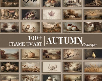 Può includere: Una collezione digitale di oltre 100 opere d'arte in formato orizzontale per schermi televisivi, con scene autunnali che includono zucche, uccelli, paesaggi rurali e fogliame in toni marroni e seppia con il testo 100+ FRAME TV ART AUTUMN Collection.