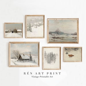 K&ouml;nnte beinhalten: Ein Set aus sechs Vintage-Winterlandschaftsdrucken in goldenen Rahmen. Die Drucke zeigen verschneite Szenen mit B&auml;umen, H&auml;usern und einem Fuchs. Die Drucke sind mit "R&Eacute;N ART PRINT Vintage Printable Art" betitelt.