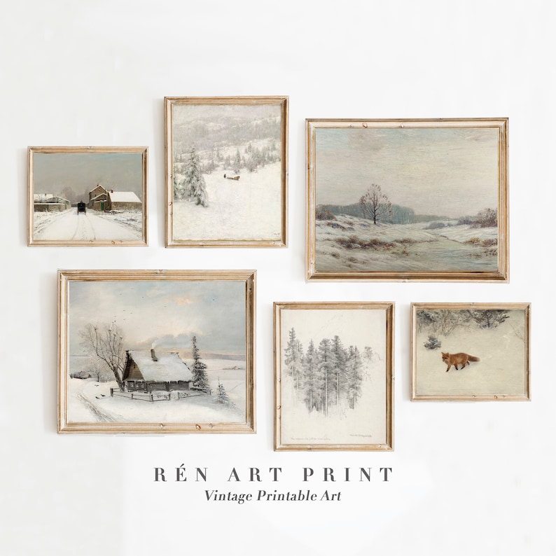 K&ouml;nnte beinhalten: Ein Set aus sechs Vintage-Winterlandschaftsdrucken in goldenen Rahmen. Die Drucke zeigen verschneite Szenen mit B&auml;umen, H&auml;usern und einem Fuchs. Die Drucke sind mit "R&Eacute;N ART PRINT Vintage Printable Art" betitelt.