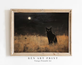 Vintage Halloween Black Cat Print | Gothic Autumn Wall Art (Digital Download)