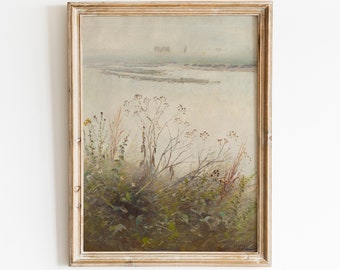 Pintura de paisaje vintage en tonos apagados / Arte antiguo imprimible (Descarga digital)