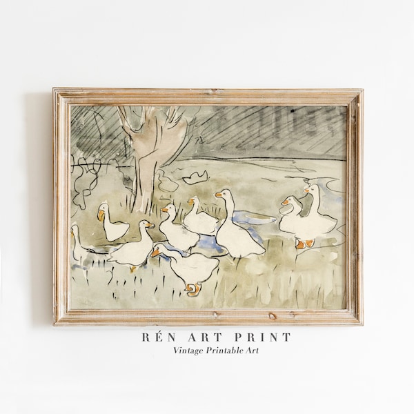 Arte de pared imprimible de pato vintage / Pintura de acuarela de gansos antiguos / Decoración de pared para guardería / Impresiones de arte de animales / Arte de pared para habitación de niños