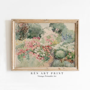 春の花畑アートプリント | 印刷可能な壁アート | 水彩風景画 | 花畑の壁アート | ビンテージスタイルデジタルダウンロード