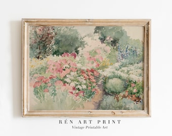 Vintage Watercolor Flower Field Art Print | Spring Meadow Landscape (Digital Download)