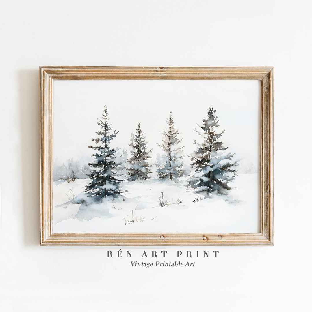 Snowy Pine Tree Printable Art | Vintage Winter Forest Painting | Rustic ...