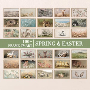 May include: A collection of framed art prints with a spring and Easter theme. The images feature pastoral scenes, animals like lambs and rabbits, and floral arrangements. The text "100+ FRAME TV ART SPRING & EASTER" is displayed on a green banner.