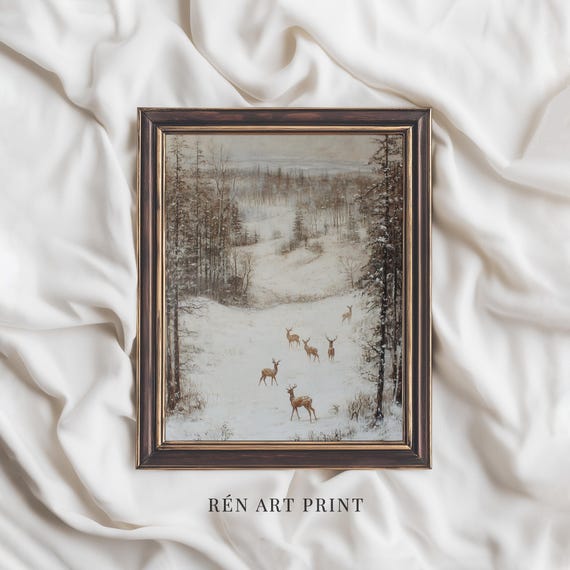 Vintage Winter Landscape Painting | Rustic Christmas Printable | Deer in Winter Mountain Print | Snowy Scenery Wall Art | Digital Download
