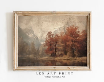 Vintage Autumn Lake Landscape Oil Painting | Rustic Fall Wall Art (Digital Download)