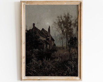 May include: A framed vintage print of a cottage scene in muted tones. The artwork depicts a house with a thatched roof, surrounded by tall grass and trees under a cloudy sky. The text "RÉN ART PRINT" and "Vintage Printable Art" are at the bottom.