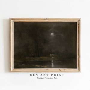 Moody Landscape Painting Printable Wall Art | Dark Cottagecore Decor | Antique Moonlight Painting Digital Download | Dark Academia Print