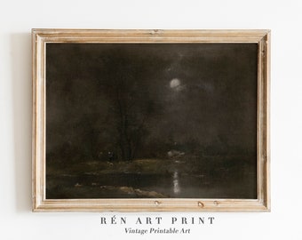 Antique Moonlight Landscape Painting | Dark Cottagecore Decor (Digital Download)