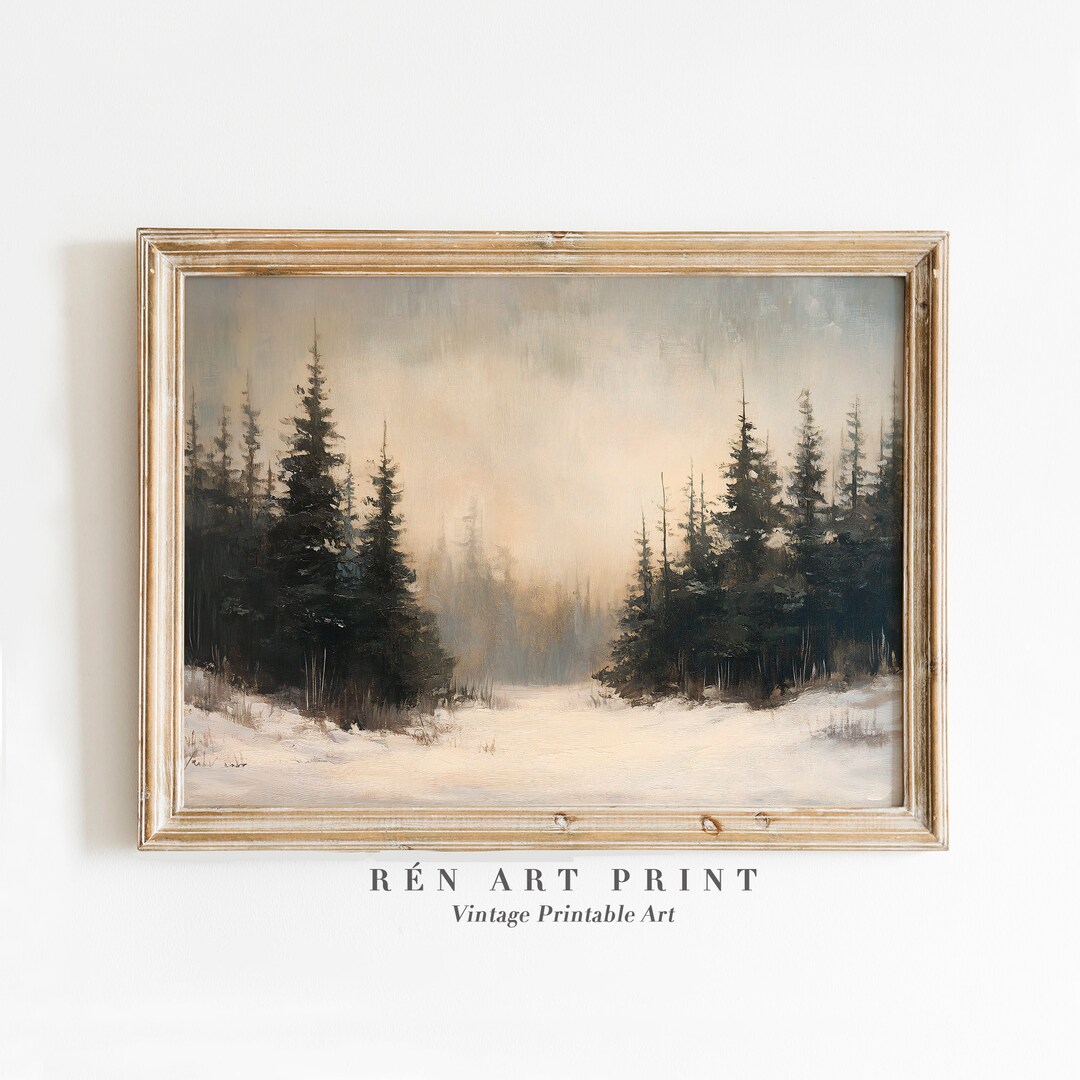 Winter Pine Forest Painting | Rustic Snowy Landscape Art Print ...