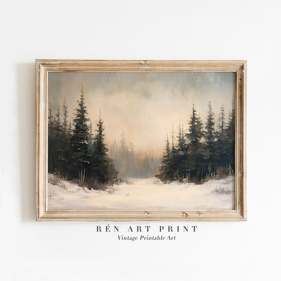 Vintage Winter Pine Forest Painting | Rustic Christmas Art (Digital Download)