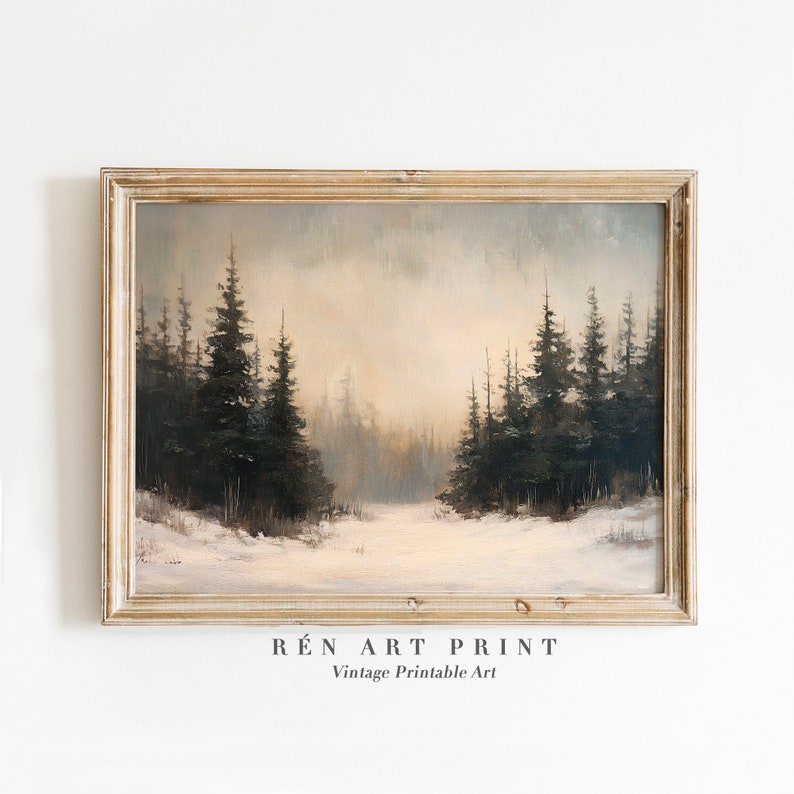 May include: A vintage painting of a snowy forest scene with tall evergreen trees in the foreground and a hazy, light-filled background. The painting is framed in a light wood frame.