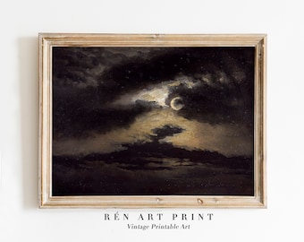 Vintage Moonlight Landscape Painting | Dark Academia Wall Art (Digital Download)