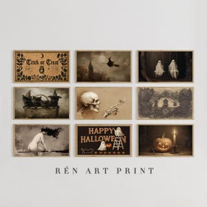 Puede incluir: Una colecci&oacute;n de nueve l&aacute;minas rectangulares con temas de Halloween en tonos sepia y oscuros. Las im&aacute;genes incluyen un cartel de Trick or Treat, una bruja, fantasmas, gatos, una calavera, una casa, una escoba, un cartel de Happy Halloween y una calabaza. El texto R&Eacute;N ART PRINT est&aacute; centrado debajo.