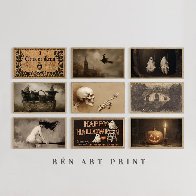 Puede incluir: Una colecci&oacute;n de nueve l&aacute;minas rectangulares con temas de Halloween en tonos sepia y oscuros. Las im&aacute;genes incluyen un cartel de Trick or Treat, una bruja, fantasmas, gatos, una calavera, una casa, una escoba, un cartel de Happy Halloween y una calabaza. El texto R&Eacute;N ART PRINT est&aacute; centrado debajo.