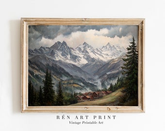 Vintage Mountain Landscape Painting | Rustic Pine Tree Print (Digital Download)