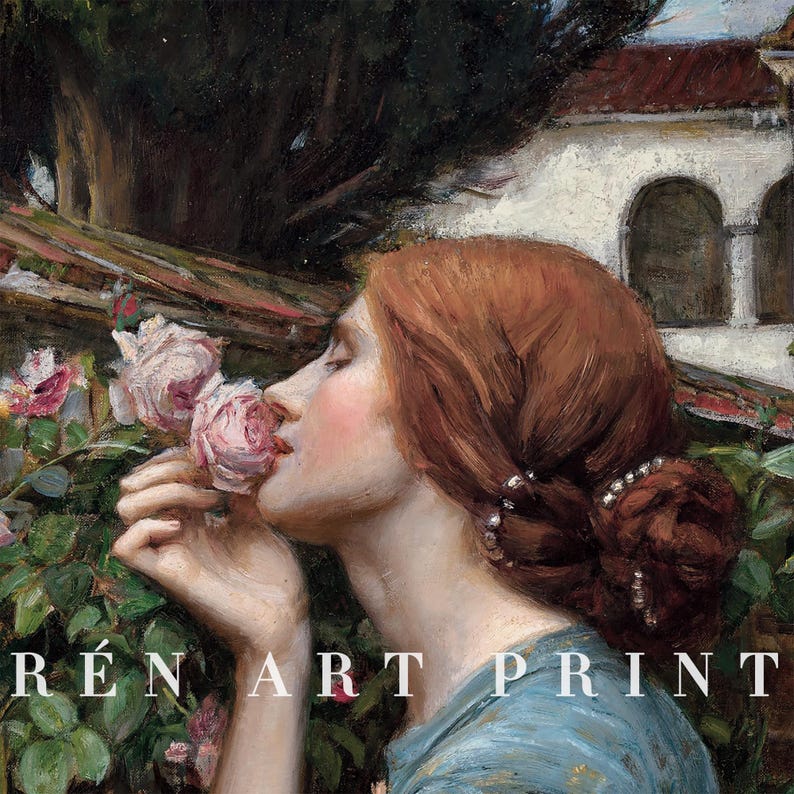 May include: A vintage art print featuring a woman with auburn hair smelling pink roses. The woman is wearing a blue dress. The text "R&Eacute; ART PRINT" is at the bottom of the image. The background includes a building with a red roof and lush greenery.