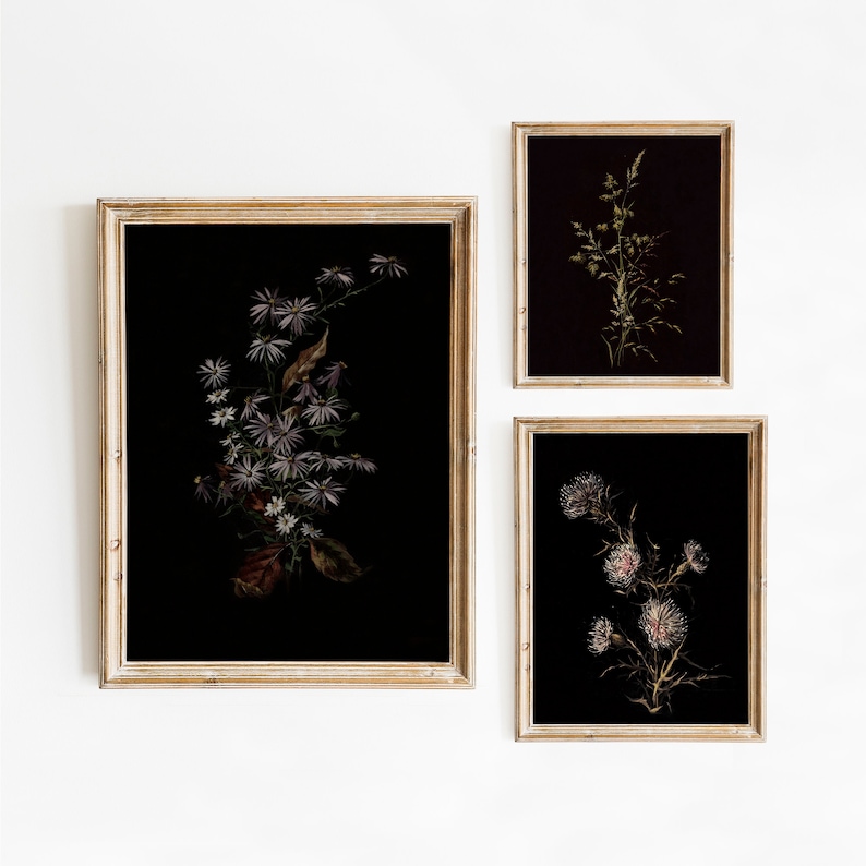 Dark Botanical Gallery Wall Art Moody Floral Print Set 3 Etsy