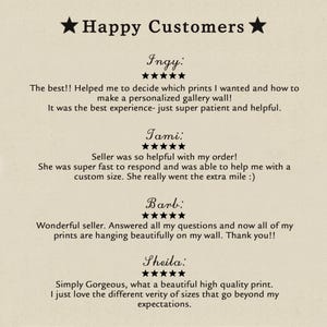 May include: A beige background with the text "Happy Customers" and customer reviews. The reviews include customer names, star ratings, and positive comments about the seller's helpfulness and print quality.