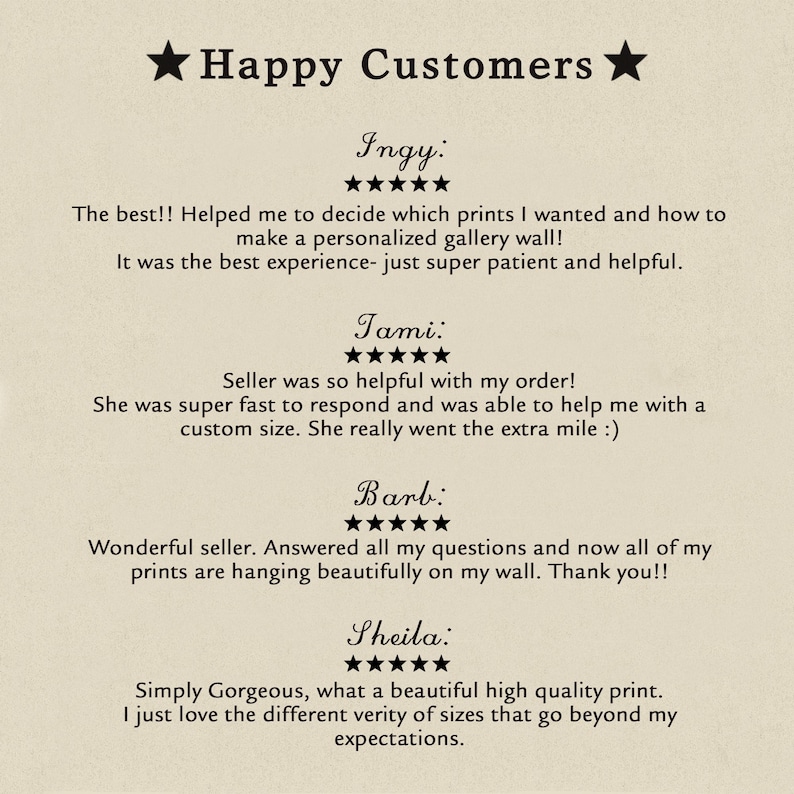 May include: A beige background with the text "Happy Customers" and customer reviews. The reviews include customer names, star ratings, and positive comments about the seller's helpfulness and print quality.