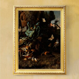 May include: A framed oil painting depicting a dark forest scene with mushrooms, butterflies, and birds. The painting is set against a dark background with a light brown frame.