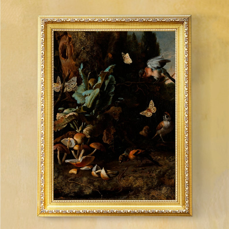 May include: A framed oil painting depicting a dark forest scene with mushrooms, butterflies, and birds. The painting is set against a dark background with a light brown frame.