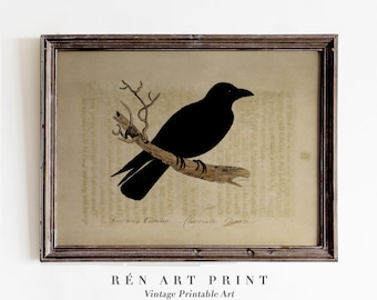 May include: Framed vintage art print featuring a black crow silhouette perched on a branch. The artwork is set against a tan background with script and is framed in a dark brown wooden frame. The text "RÉn ART PRINT Vintage Printable Art" is at the bottom.