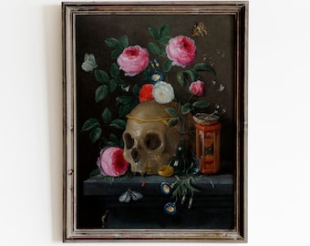Vintage Floral Skull Painting Print | Gothic Still Life Art (Digital Download)