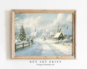 Vintage Christmas Village Print | Snowy Farmhouse Scene (Digital Download)