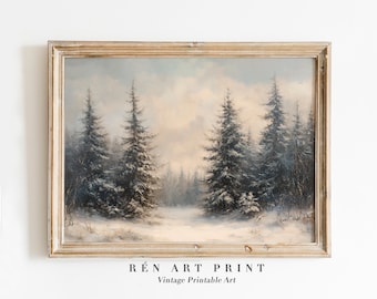 Vintage Snowy Pine Tree Painting | Rustic Winter Landscape (Digital Download)