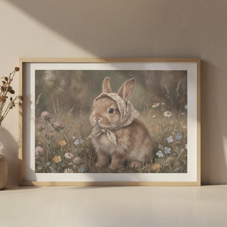 May include: A framed print featuring a brown rabbit wearing a headscarf, sitting in a field of wildflowers. The artwork has a soft, painterly style with a natural color palette, including greens, blues, and pinks. The rabbit is the focal point.