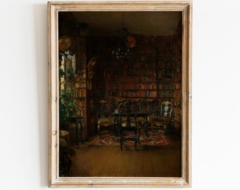 Vintage Bibliothek Druck | Antikes Ölgemälde |  Druckbare Wandkunst | Dark Academia Druck | Stimmungsvolle Wandkunst | Viktorianische Malerei-Wand-Dekor