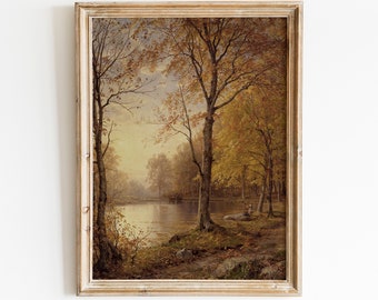 May include: A vintage painting of a forest scene with a lake in the foreground. The trees are in autumn colors, with shades of yellow, orange, and brown. The lake is calm and reflective, with a few small boats in the distance. The painting is framed in a simple wooden frame.