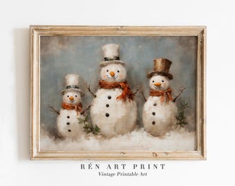 Vintage familieprint sneeuwpop | Antieke kerstmuurdecoratie (digitale download)