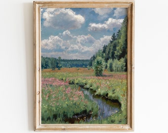 Vintage Spring Landscape Painting | Wildflower Field Art (Digital Download)