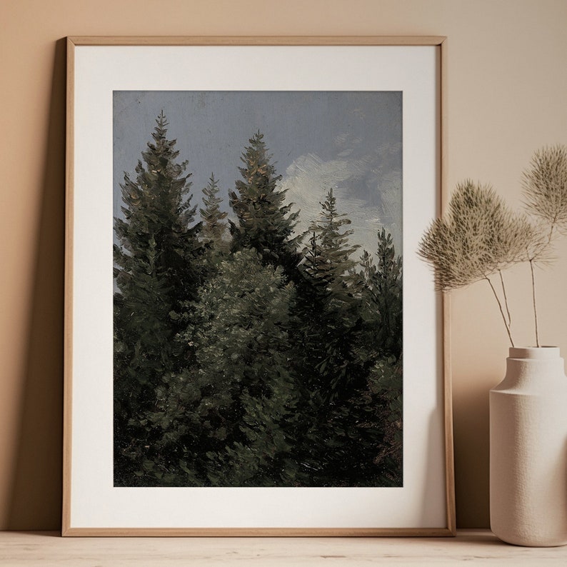 Antique Pine Tree Landscape Art Print | Rustic Christmas Decor (digital ...