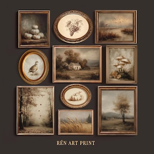 May include: A gallery wall set of nine framed art prints in various rectangular and oval gold frames. The prints feature sepia-toned illustrations of pumpkins, grapes, a bird, mushrooms, landscapes, and wheat fields. The text REN ART PRINT is at the bottom.