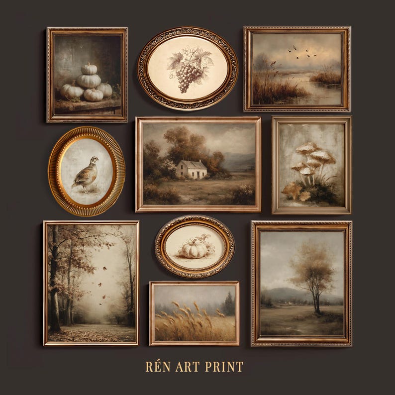 May include: A gallery wall set of nine framed art prints in various rectangular and oval gold frames. The prints feature sepia-toned illustrations of pumpkins, grapes, a bird, mushrooms, landscapes, and wheat fields. The text REN ART PRINT is at the bottom.