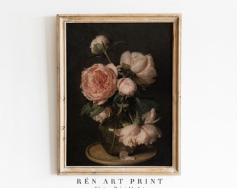 Antique Rose Painting | Moody Floral Art, Dark Academia (Digital Download)