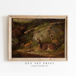 Vintage Deer Print | Doe and Fawn Painting Printable Wall Art | Farmhouse Wall Decor | Antique Animal Oil Painting Print | Digital Download