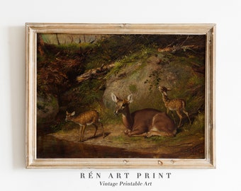 May include: A vintage painting of three deer in a forest setting. The deer are brown and white with spots. The painting is framed in a light wood frame.