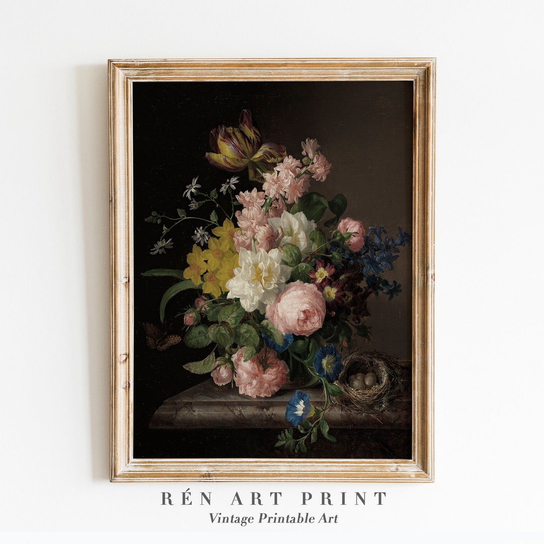 Dark Floral Still Life Painting | Moody Antique Rose Print (digital ...