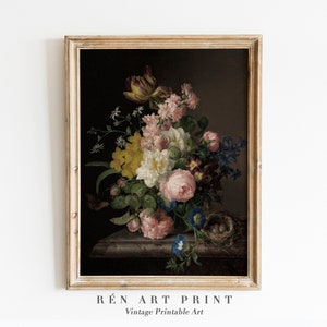 Moody Flower Print | Dark Still Life Painting | Antique Rose Painting Digital Download | Vintage Floral Wall Art | Dark Academia Printable