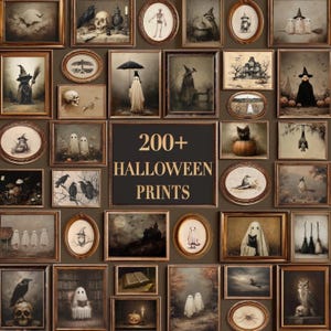 May include: A collection of framed Halloween-themed wall art prints featuring ghosts, skulls, ravens, witches, and haunted houses. The central text reads 200+ HALLOWEEN PRINTS. The images are displayed in various rectangular and oval frames.